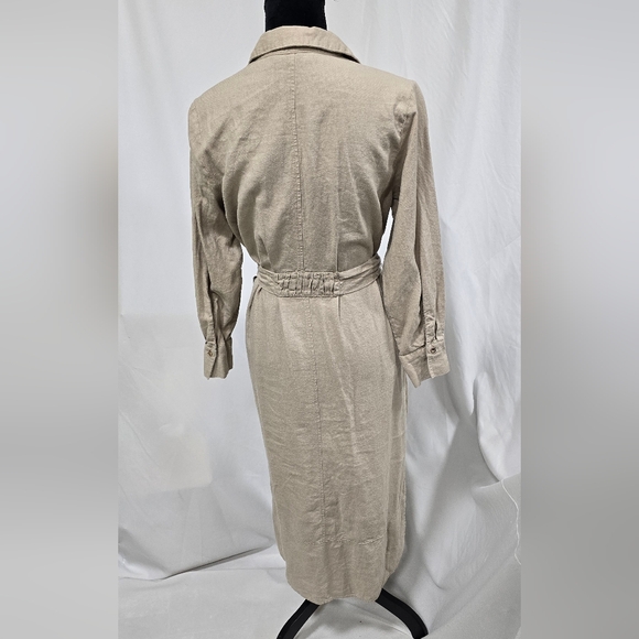 Zara women S linen midi shirt dress tied earthy gold snap buttons tan trench - Picture 7 of 8